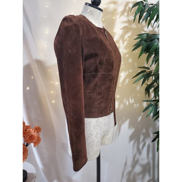 Bebe Vtg Y2K 100% Leather Patchwork Cropped Double Zip Jacket Size M Brown - Picture 4 of 11